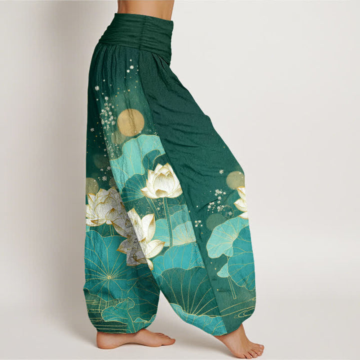 Buddha Stones Baumwoll-Haremshose mit orientalischem Lotusblattmuster und elastischem Bund für Damen - image 2