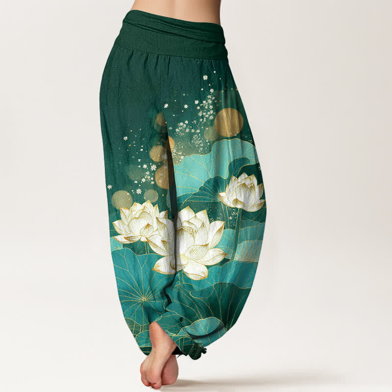 Buddha Stones Baumwoll-Haremshose mit orientalischem Lotusblattmuster und elastischem Bund für Damen - image 1