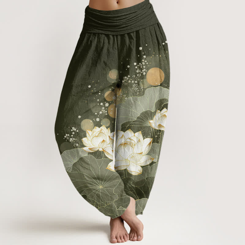 Buddha Stones Baumwoll-Haremshose mit orientalischem Lotusblattmuster und elastischem Bund für Damen - Dunkelolivgrün - US16, UK/AU20, EU48 (3XL) - image 5