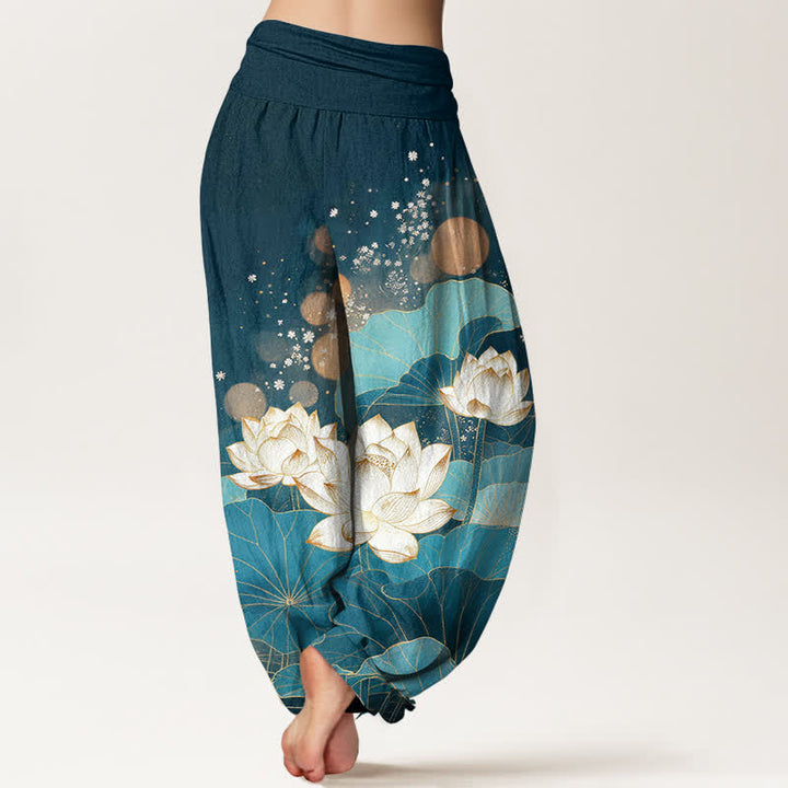 Buddha Stones Baumwoll-Haremshose mit orientalischem Lotusblattmuster und elastischem Bund für Damen - image 9