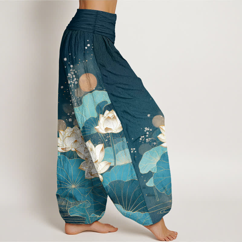 Buddha Stones Baumwoll-Haremshose mit orientalischem Lotusblattmuster und elastischem Bund für Damen - image 10