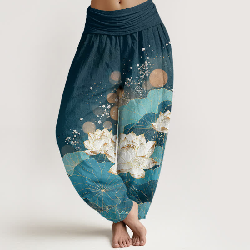 Buddha Stones Baumwoll-Haremshose mit orientalischem Lotusblattmuster und elastischem Bund für Damen - Türkis - US16, UK/AU20, EU48 (3XL) - image 8