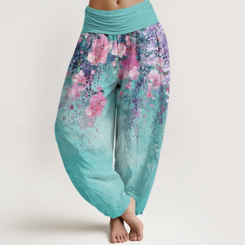 Buddha Stones Baumwoll-Haremshose mit künstlerischem Gartenblütenmuster und elastischem Bund für Damen - Mitteltürkis - US16, UK/AU20, EU48 (3XL) - image 0