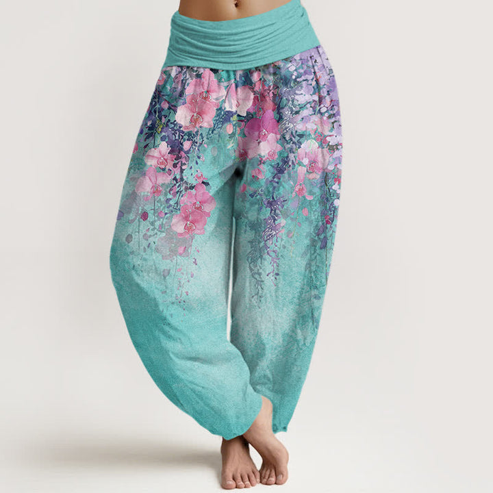 Buddha Stones Baumwoll-Haremshose mit künstlerischem Gartenblütenmuster und elastischem Bund für Damen - Mitteltürkis - US16, UK/AU20, EU48 (3XL) - image 0