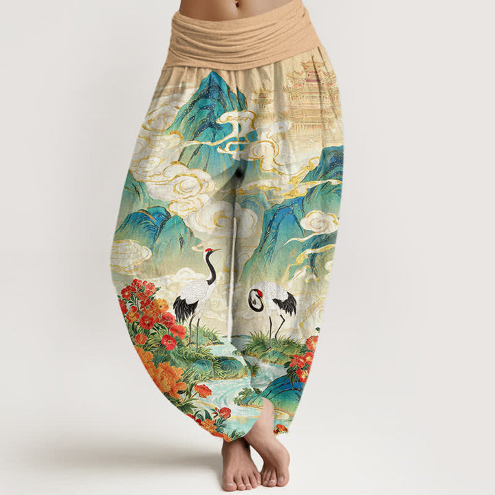 Buddha Stones Baumwoll-Haremshose mit Kranich- und Blumenmuster, elastischer Bund, Damen - Weizen - US16, UK/AU20, EU48 (3XL) - image 0