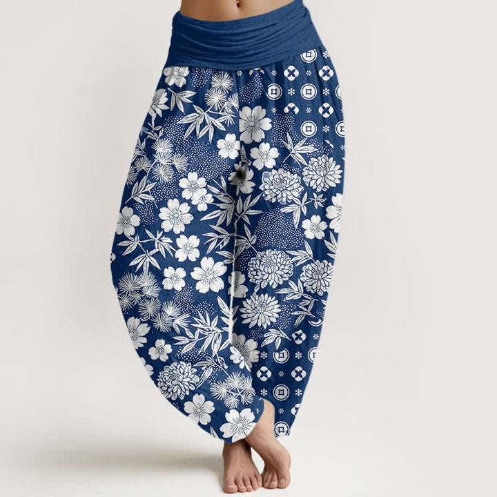 Buddha Stones Baumwoll-Haremshose mit böhmischem Blumen- und Münzmuster, elastischem Bund und geometrischem Design - Marine - US16, UK/AU20, EU48 (3XL) - image 0