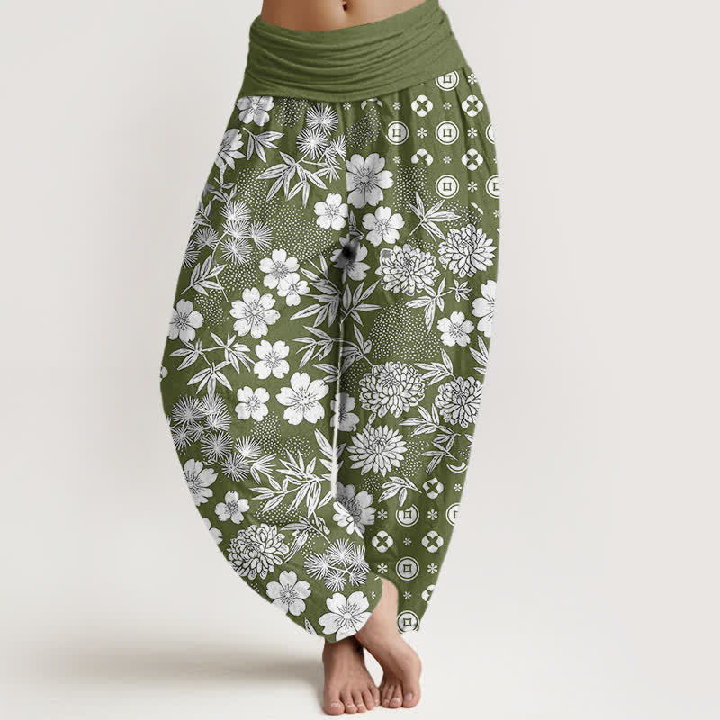Buddha Stones Baumwoll-Haremshose mit böhmischem Blumen- und Münzmuster, elastischem Bund und geometrischem Design - Dunkelolivgrün - US16, UK/AU20, EU48 (3XL) - image 8