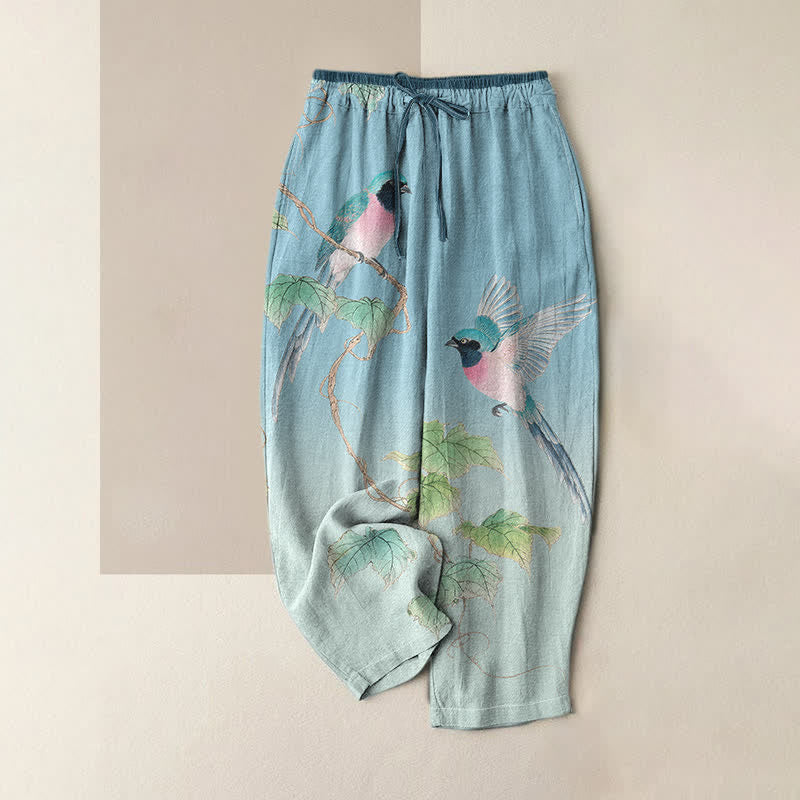 Buddha Stones Elegante Damenhose aus reiner Baumwolle mit Vogelzweigmuster, elastischem Bund und Taschen - Hellblau - US16, UK/AU20, EU48 (3XL) - image 0