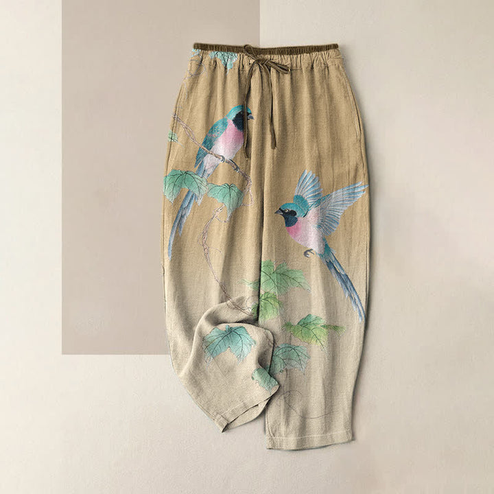 Buddha Stones Elegante Damenhose aus reiner Baumwolle mit Vogelzweigmuster, elastischem Bund und Taschen - Bräunen - US16, UK/AU20, EU48 (3XL) - image 3