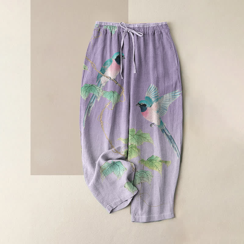 Buddha Stones Elegante Damenhose aus reiner Baumwolle mit Vogelzweigmuster, elastischem Bund und Taschen - Lavendel - US16, UK/AU20, EU48 (3XL) - image 4
