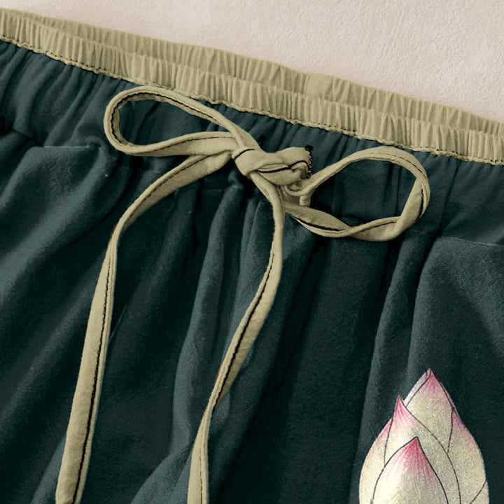 Buddha Stones Reine Baumwolle, Damenhose mit sanftem Lotusblütenmuster, elastischem Bund und Taschen - image 1
