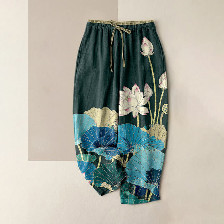 Buddha Stones Reine Baumwolle, Damenhose mit sanftem Lotusblütenmuster, elastischem Bund und Taschen - Türkis - US16, UK/AU20, EU48 (3XL) - image 0