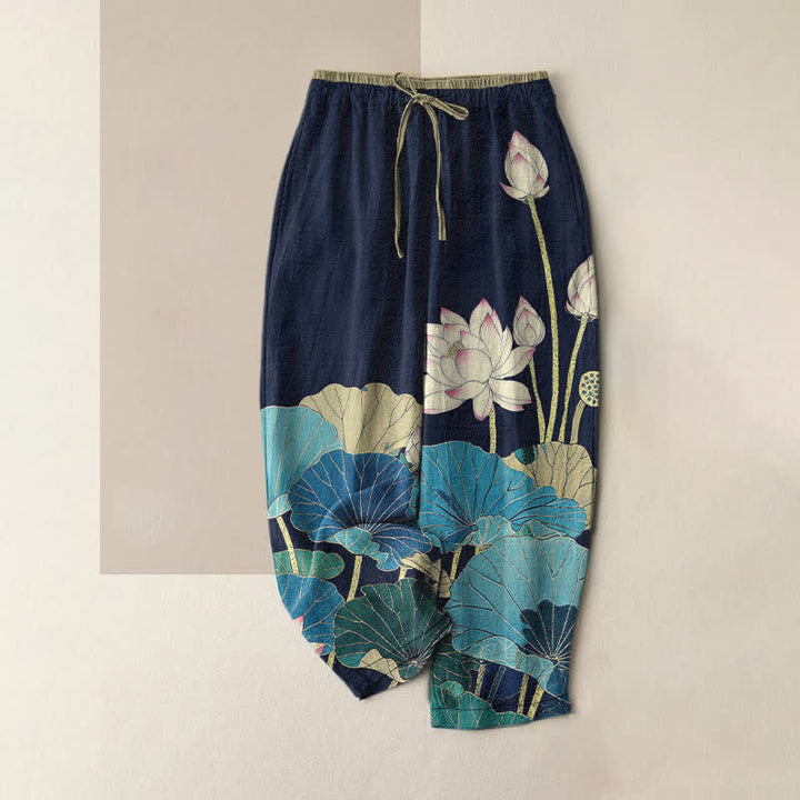 Buddha Stones Reine Baumwolle, Damenhose mit sanftem Lotusblütenmuster, elastischem Bund und Taschen - Mitternachtsblau - US16, UK/AU20, EU48 (3XL) - image 5