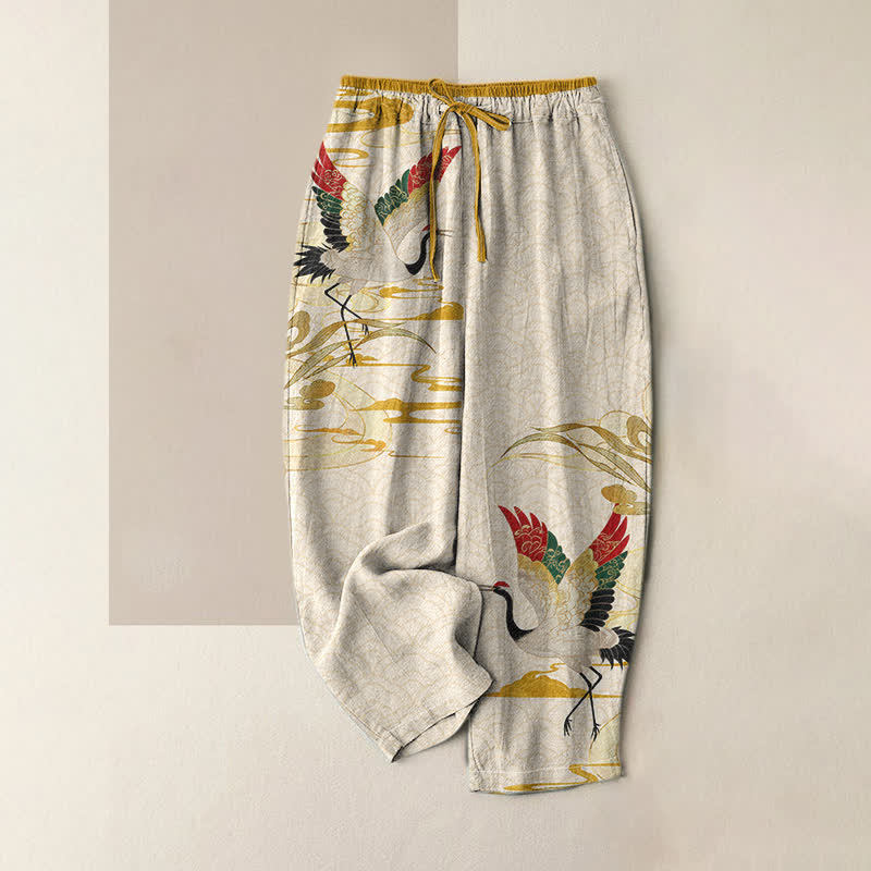 Buddha Stones Damenhose aus reiner Baumwolle mit Kranich- und Wolkenmuster, elastischem Bund und Taschen - Beige - US16, UK/AU20, EU48 (3XL) - image 0