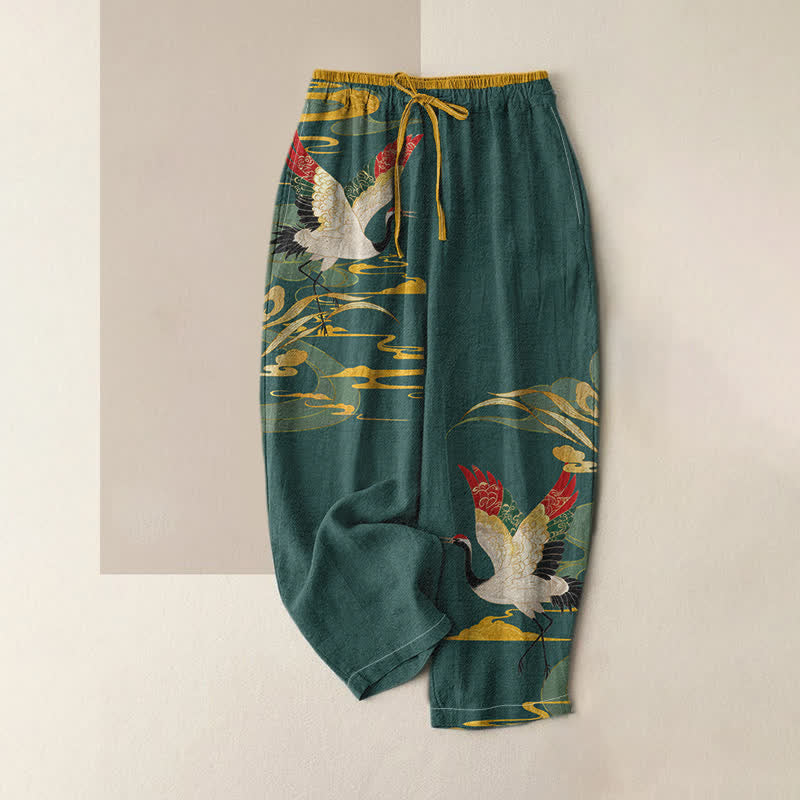 Buddha Stones Damenhose aus reiner Baumwolle mit Kranich- und Wolkenmuster, elastischem Bund und Taschen - Türkis - US16, UK/AU20, EU48 (3XL) - image 3