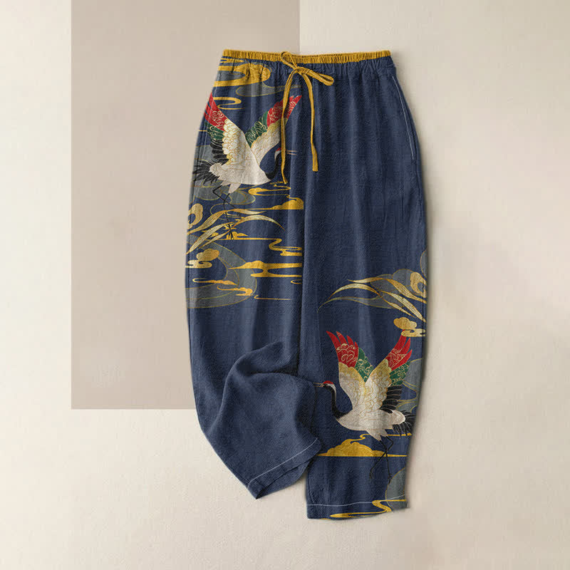 Buddha Stones Damenhose aus reiner Baumwolle mit Kranich- und Wolkenmuster, elastischem Bund und Taschen - Marine - US16, UK/AU20, EU48 (3XL) - image 4