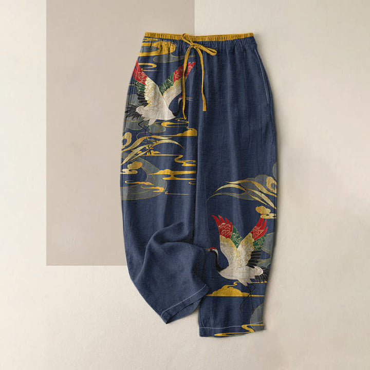 Buddha Stones Damenhose aus reiner Baumwolle mit Kranich- und Wolkenmuster, elastischem Bund und Taschen - Marine - US16, UK/AU20, EU48 (3XL) - image 4