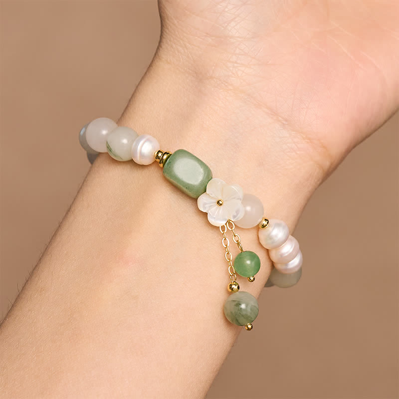 Buddha Stones Armband mit Süßwasserperle, grünem Achat und Blumenanhänger - image 8