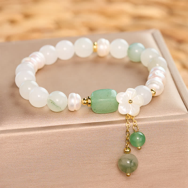 Buddha Stones Armband mit Süßwasserperle, grünem Achat und Blumenanhänger - image 4