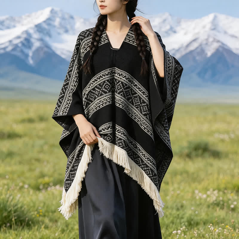 Buddha Stones Boho-Schal für Damen mit geometrischen Streifen und Quasten für Herbst und Winter - image 1
