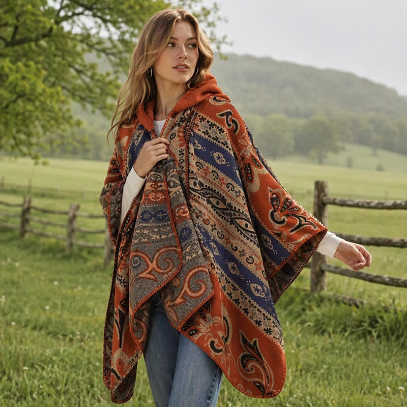 Buddha Stones Herbst/Winter Kapuzenschal mit Paisley-Muster, geometrischem Boho-Stil für Damen - Peru - 135 x 150 cm - image 0