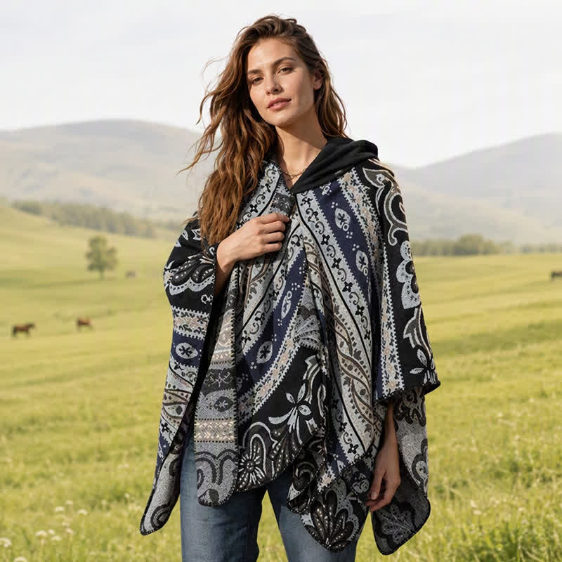 Buddha Stones Herbst/Winter Kapuzenschal mit Paisley-Muster, geometrischem Boho-Stil für Damen - Blaugrau - 135 x 150 cm - image 6
