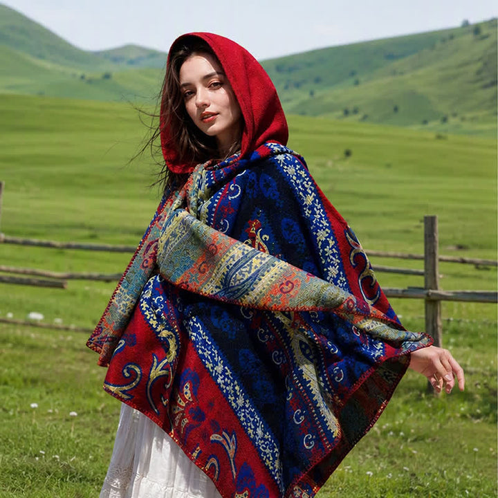 Buddha Stones Herbst/Winter Kapuzenschal mit Paisley-Muster, geometrischem Boho-Stil für Damen - Rot - 135 x 150 cm - image 8