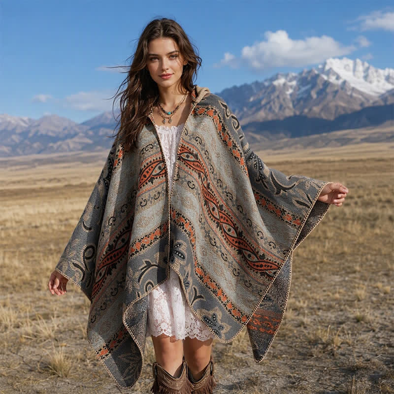 Buddha Stones Herbst/Winter Kapuzenschal mit Paisley-Muster, geometrischem Boho-Stil für Damen - Bräunen - 135 x 150 cm - image 15