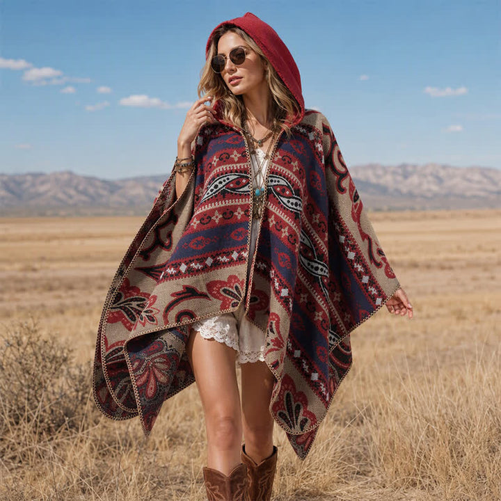 Buddha Stones Herbst/Winter Kapuzenschal mit Paisley-Muster, geometrischem Boho-Stil für Damen - Rot Khaki - 135 x 150 cm - image 22