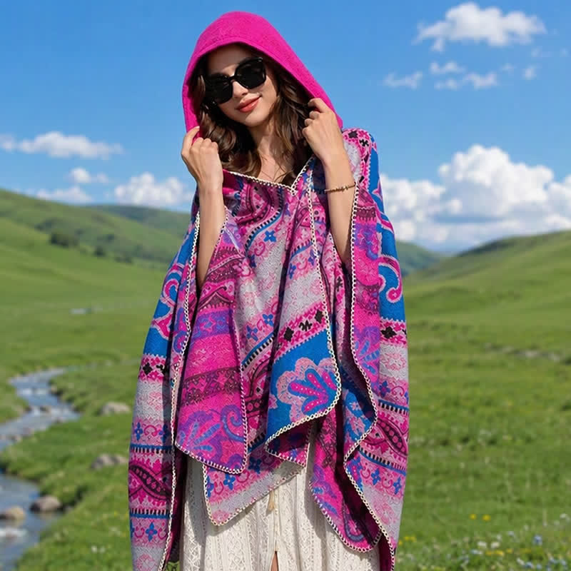 Buddha Stones Herbst/Winter Kapuzenschal mit Paisley-Muster, geometrischem Boho-Stil für Damen - Rosenrot - 135 x 150 cm - image 25