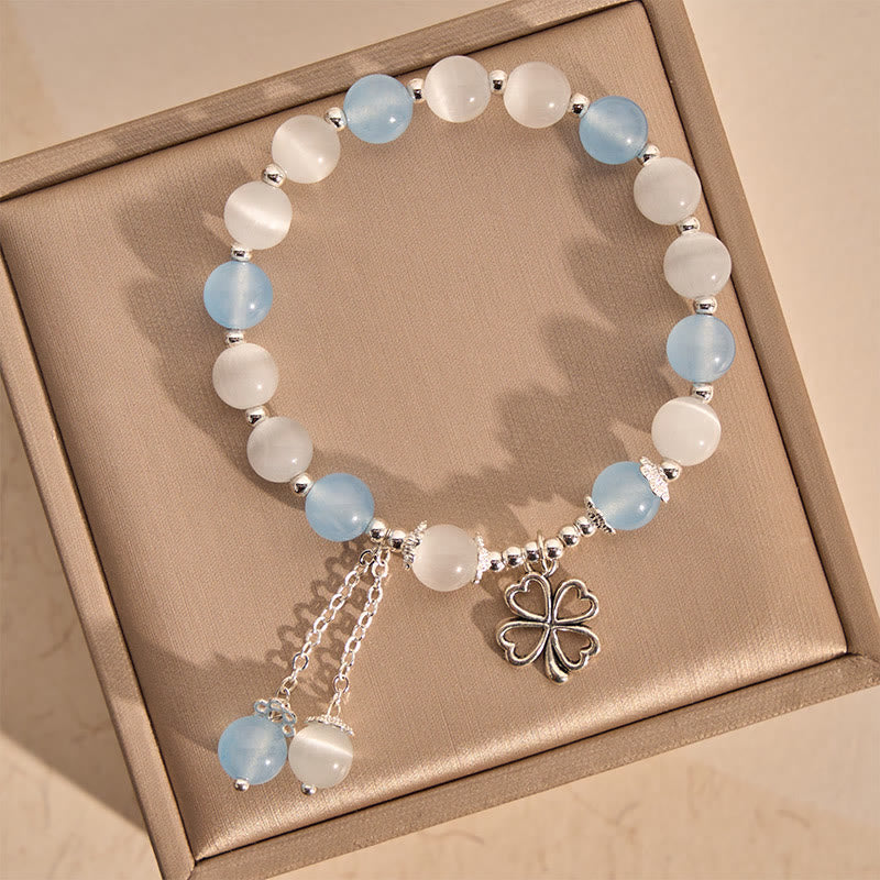 Buddha Stones Heilendes Armband mit Aquamarin, Katzenauge, herzförmigem vierblättrigem Kleeblatt - Aquamarin (Handgelenkumfang: 15–16 cm) - image 0