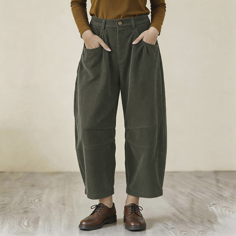Buddha Stones Lässige Vintage-Haremshose mit Knopfleiste und Reißverschluss für Damen im Herbst-Look, einfarbig, aus Cord, mit Taschen - Dunkelolivgrün - US8-10, UK/AU12-14, EU40-42 (2XL) - image 0