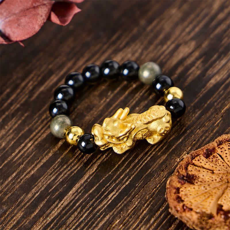 Buddha Stones Schwarzer Obsidian-Pyrit-Hämatit-Kupfer-Pi-Xiu-Mini-Stretch-Perlenring für Reichtum und Energie - Obsidian + Pyrit - Größe L: Passend für US Größe 8–10 - image 0