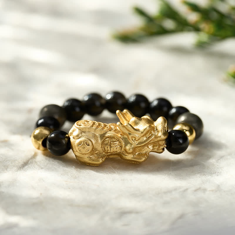Buddha Stones Schwarzer Obsidian-Pyrit-Hämatit-Kupfer-Pi-Xiu-Mini-Stretch-Perlenring für Reichtum und Energie - image 1