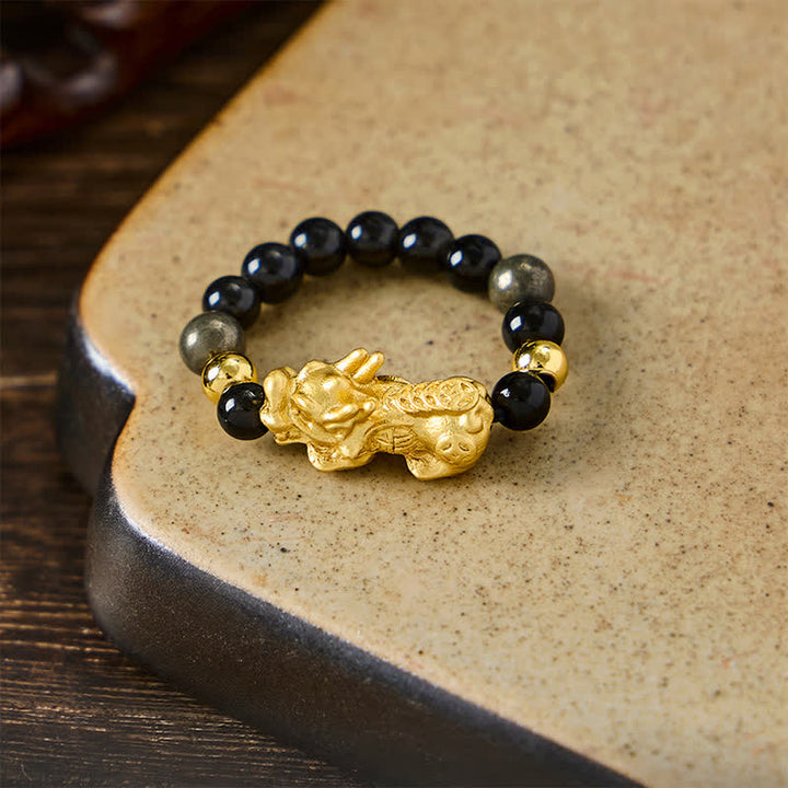 Buddha Stones Schwarzer Obsidian-Pyrit-Hämatit-Kupfer-Pi-Xiu-Mini-Stretch-Perlenring für Reichtum und Energie - image 10