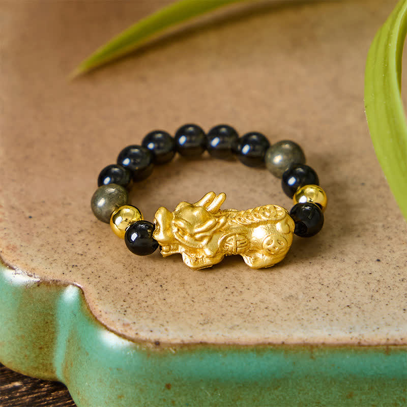 Buddha Stones Schwarzer Obsidian-Pyrit-Hämatit-Kupfer-Pi-Xiu-Mini-Stretch-Perlenring für Reichtum und Energie - image 3