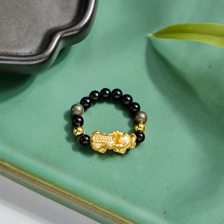 Buddha Stones Schwarzer Obsidian-Pyrit-Hämatit-Kupfer-Pi-Xiu-Mini-Stretch-Perlenring für Reichtum und Energie - image 11