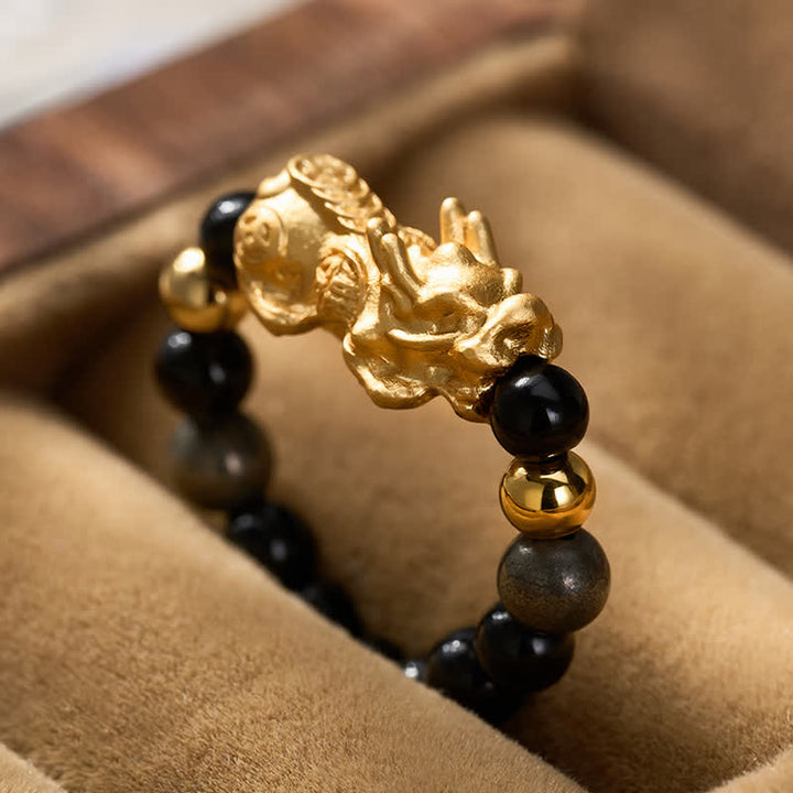 Buddha Stones Schwarzer Obsidian-Pyrit-Hämatit-Kupfer-Pi-Xiu-Mini-Stretch-Perlenring für Reichtum und Energie - image 12