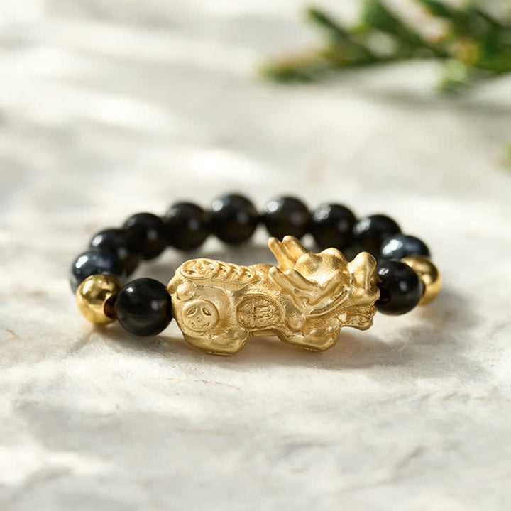 Buddha Stones Schwarzer Obsidian-Pyrit-Hämatit-Kupfer-Pi-Xiu-Mini-Stretch-Perlenring für Reichtum und Energie - image 15