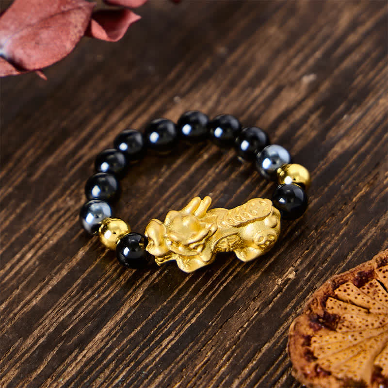 Buddha Stones Schwarzer Obsidian-Pyrit-Hämatit-Kupfer-Pi-Xiu-Mini-Stretch-Perlenring für Reichtum und Energie - Obsidian + Hämatit - Größe L: Passend für US Größe 8–10 - image 14