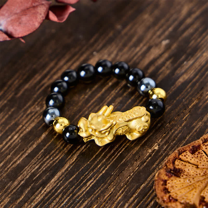 Buddha Stones Schwarzer Obsidian-Pyrit-Hämatit-Kupfer-Pi-Xiu-Mini-Stretch-Perlenring für Reichtum und Energie - Obsidian + Hämatit - Größe L: Passend für US Größe 8–10 - image 14