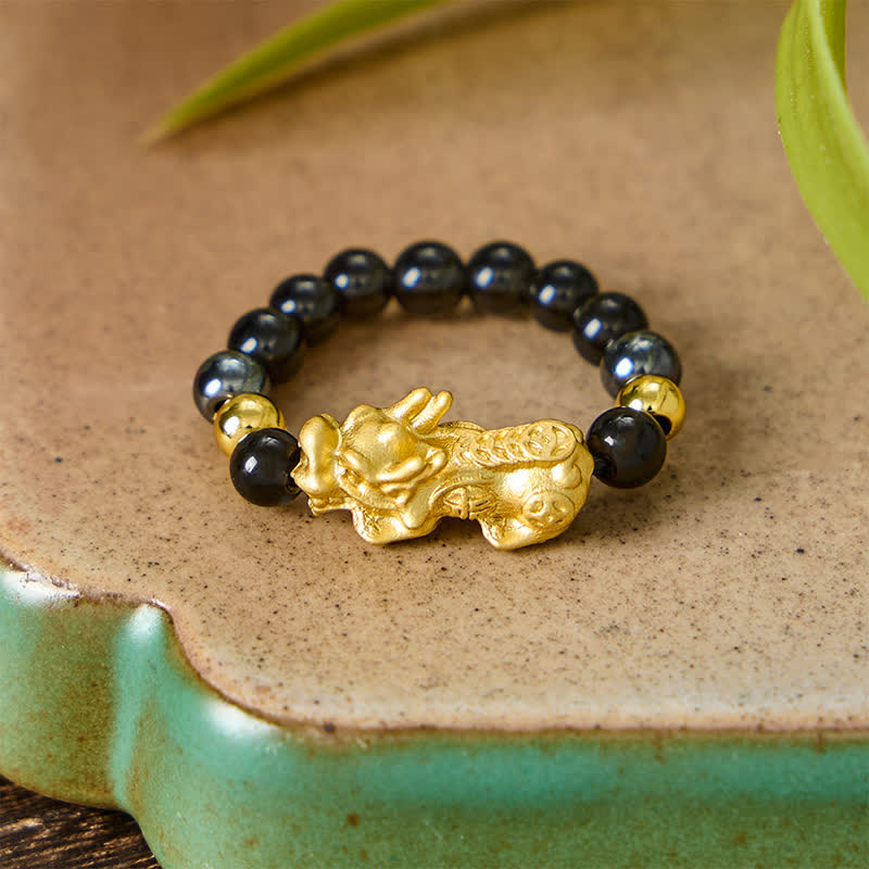 Buddha Stones Schwarzer Obsidian-Pyrit-Hämatit-Kupfer-Pi-Xiu-Mini-Stretch-Perlenring für Reichtum und Energie - image 19