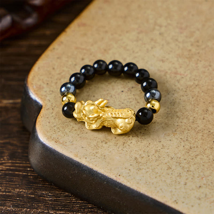 Buddha Stones Schwarzer Obsidian-Pyrit-Hämatit-Kupfer-Pi-Xiu-Mini-Stretch-Perlenring für Reichtum und Energie - image 17
