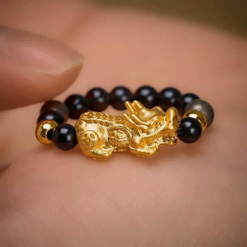 Buddha Stones Schwarzer Obsidian-Pyrit-Hämatit-Kupfer-Pi-Xiu-Mini-Stretch-Perlenring für Reichtum und Energie - image 13
