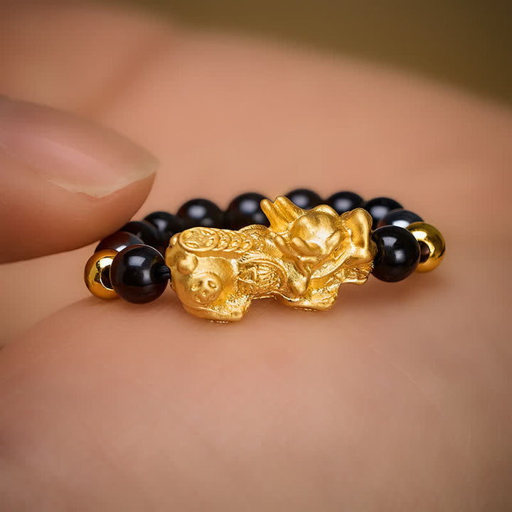Buddha Stones Schwarzer Obsidian-Pyrit-Hämatit-Kupfer-Pi-Xiu-Mini-Stretch-Perlenring für Reichtum und Energie - image 22