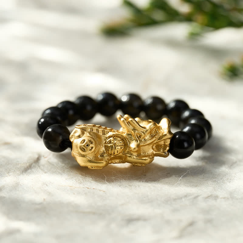 Buddha Stones Schwarzer Obsidian-Kupfer-Pi-Xiu-Mini-Stretch-Perlenring für Stärke und Energie - image 1