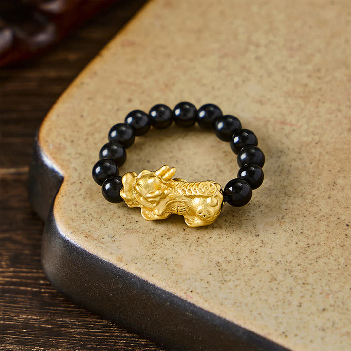 Buddha Stones Schwarzer Obsidian-Kupfer-Pi-Xiu-Mini-Stretch-Perlenring für Stärke und Energie - image 11