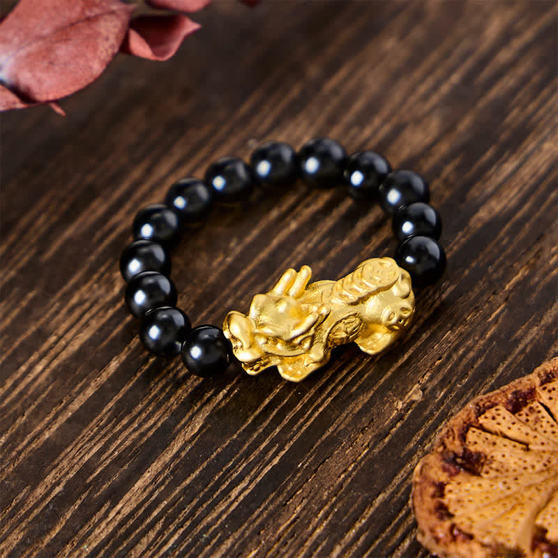 Buddha Stones Schwarzer Obsidian-Kupfer-Pi-Xiu-Mini-Stretch-Perlenring für Stärke und Energie - image 3