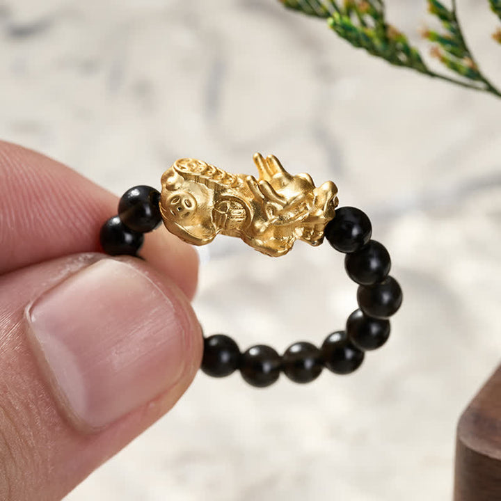 Buddha Stones Schwarzer Obsidian-Kupfer-Pi-Xiu-Mini-Stretch-Perlenring für Stärke und Energie - image 4