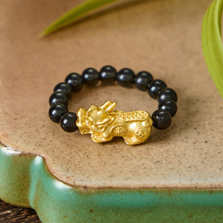 Buddha Stones Schwarzer Obsidian-Kupfer-Pi-Xiu-Mini-Stretch-Perlenring für Stärke und Energie - image 2